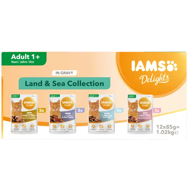 IAMS Cat Pouch Land and Sea Collection in Gravy - Паучове за котка , микс вкусове с месо и с риба  в сос грейви - 12 х 85 гр
