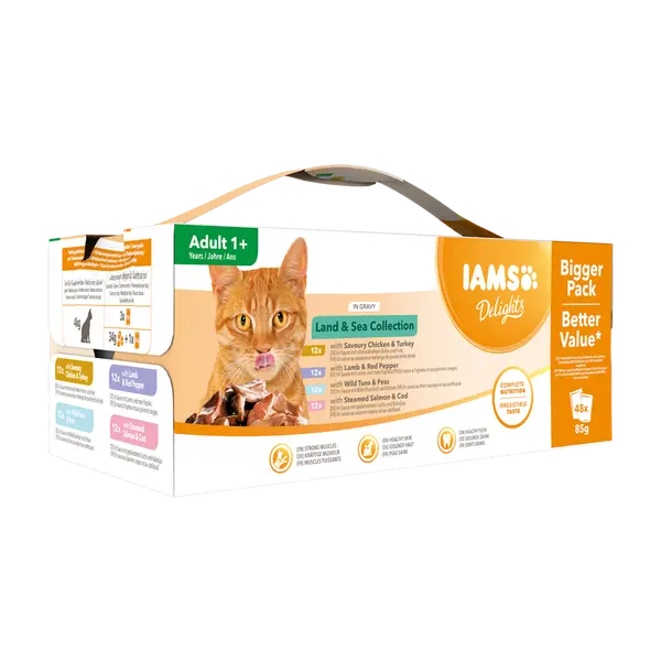 IAMS Cat Pouch Mega Pack Land and Sea Collection in Gravy - Паучове за котка , микс вкусове с месо и с риба  в сос грейви - 48 х 85 гр