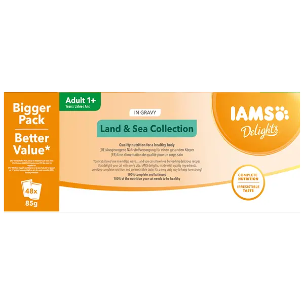 IAMS Cat Pouch Mega Pack Land and Sea Collection in Gravy - Паучове за котка , микс вкусове с месо и с риба  в сос грейви - 48 х 85 гр