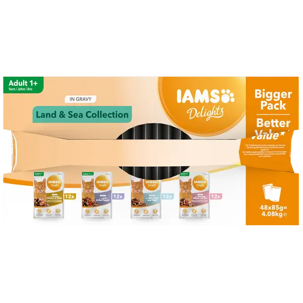 IAMS Cat Pouch Mega Pack Land and Sea Collection in Gravy - Паучове за котка , микс вкусове с месо и с риба  в сос грейви - 48 х 85 гр