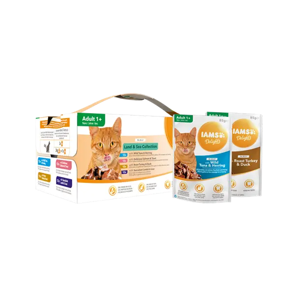 IAMS Cat Pouch Mega Pack Land & Sea Collection in Jelly  - Паучове за котка, микс вкусове с месо и с риба в желе - 48 х 85 гр