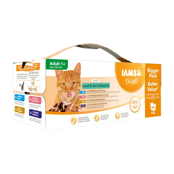 IAMS Cat Pouch Mega Pack Land & Sea Collection in Jelly  - Паучове за котка, микс вкусове с месо и с риба в желе - 48 х 85 гр