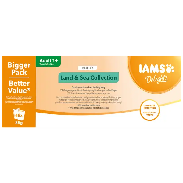 IAMS Cat Pouch Mega Pack Land & Sea Collection in Jelly  - Паучове за котка, микс вкусове с месо и с риба в желе - 48 х 85 гр
