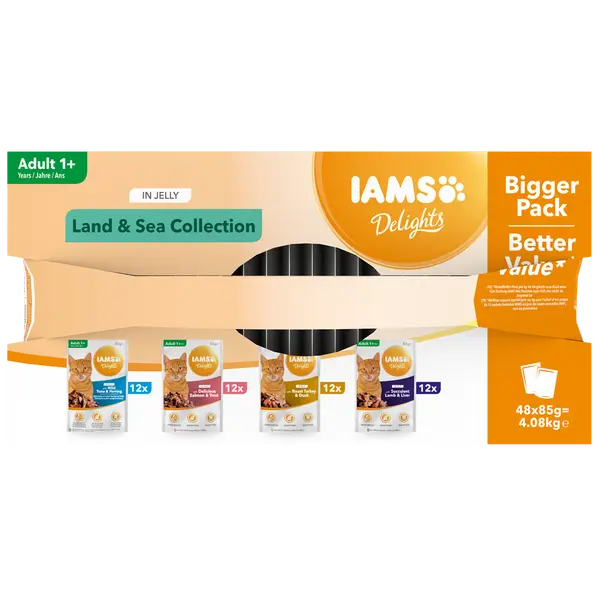 IAMS Cat Pouch Mega Pack Land & Sea Collection in Jelly  - Паучове за котка, микс вкусове с месо и с риба в желе - 48 х 85 гр
