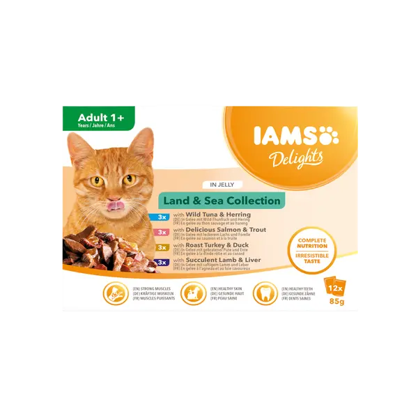 IAMS Cat Pouch Land & Sea Collection in Jelly  - Паучове за котка, микс вкусове с месо и с риба в желе - 12 х 85 гр