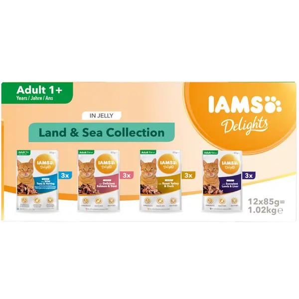 IAMS Cat Pouch Land & Sea Collection in Jelly  - Паучове за котка, микс вкусове с месо и с риба в желе - 12 х 85 гр