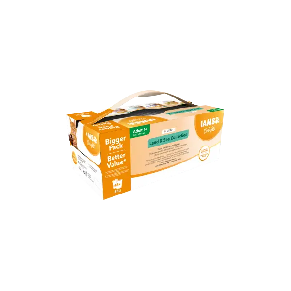 IAMS Cat Pouch Mega Pack Land and Sea Collection in Gravy - Паучове за котка , микс вкусове с месо и с риба  в сос грейви - 48 х 85 гр