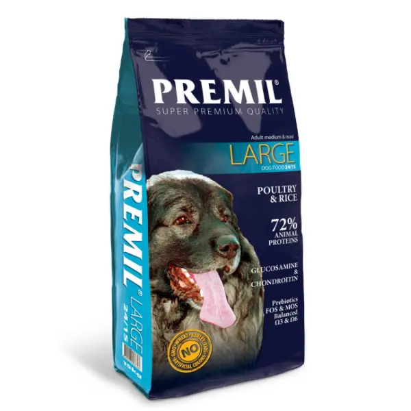 Premil Adult Large 24/15 -  пълноценна храна за кучета от големи и гигантски породи над 1 година с пилешко и патешко месо - 15 кг