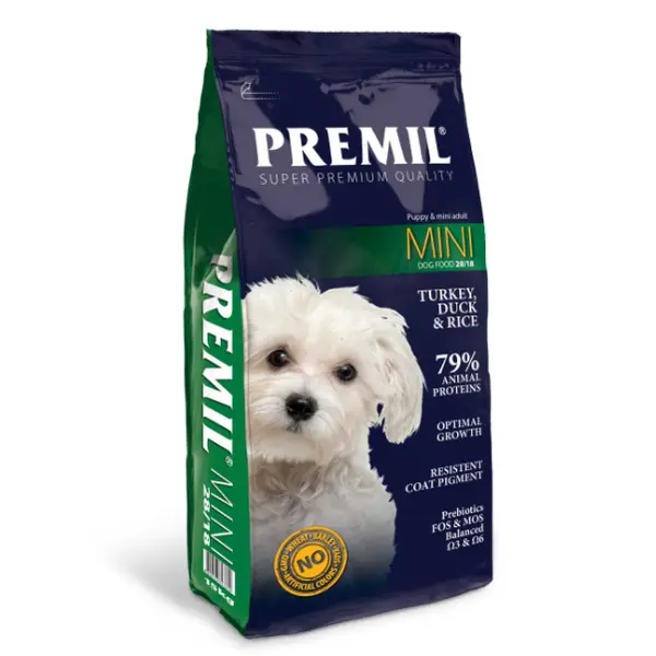 Premil Mini - пълноценна храна за кучета  от малки и средни породи с пуешко и ориз - 15 кг