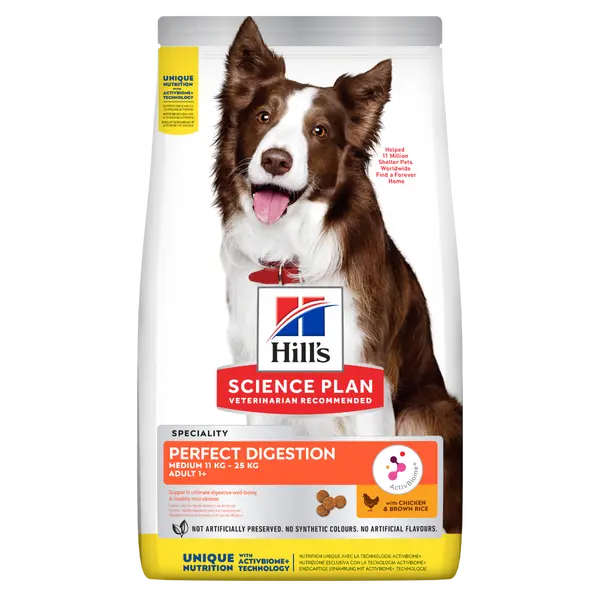 Hill’s Science Plan PERFECT DIGESTION  Medium  Adult Dog 1+  Пълноценна суха храна за отлично храносмилане за кучета над 1 година от средни породи (11-25 кг) с пилешко и кафяв ориз -  14 кг