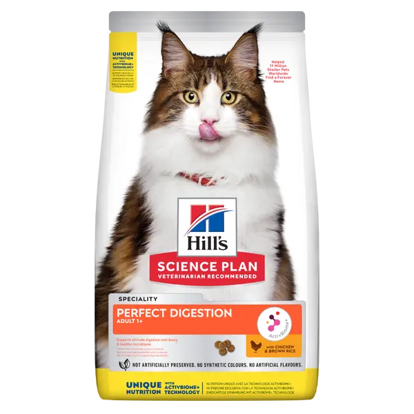 Hill’s Science Plan PERFECT DIGESTION Adult Cat 1+  Пълноценна суха храна за отлично храносмилане за котки над 1 година с пилешко и кафяв ориз - 300 гр