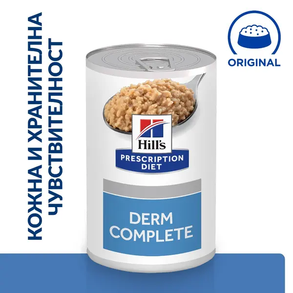Hill's PRESCRIPTION DIET Derm Complete - лечебна мокра храна за кучета с хранителни алергии и алергии от околната среда, с ориз и яйца, консерва 370г.