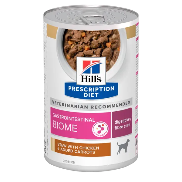 Hill’s PRESCRIPTION DIET Gastrointestinal Biome Stew - лечебна мокра храна за кучета с храносмилателни разстройства – консерва задушено пилешко с моркови - 0,354 кг