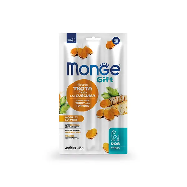 Monge Gift Mobility Support – лакомство за кучета – стикове с пъстърва, босвелия и куркума за грижа за ставите, без зърнени култури