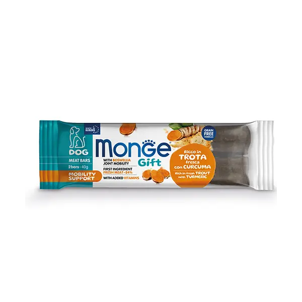 Monge Gift Meat Bars Mobility Support – лакомство за кучета – барчета с пъстърва, босвелия и куркума за грижа за ставите, без зърнени култури