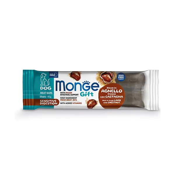 Monge Gift Meat Bars Sensitive Digestion – лакомства за кучета с чувствителна храносмилателна система – барчета с агнешко, кестени и инулин, без зърнени култури