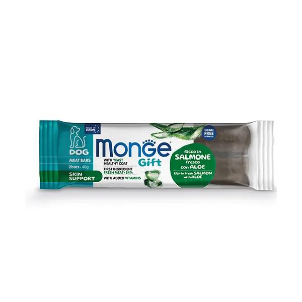 Monge Gift Meat Bars Skin Support – лакомства за кучета - барчета със сьомга, алое вера и дрожди за здрави кожа и козина, без зърнени култури