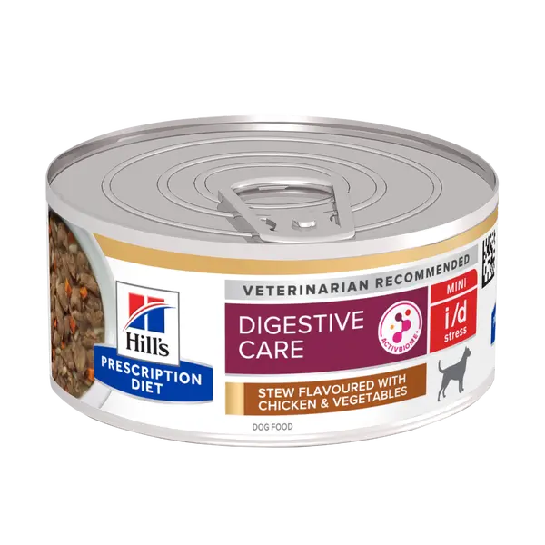 Hill's PRESCRIPTION DIET i/d Stress Mini AB+ Stew - лечебна мокра храна за кучета от дребни породи с храносмилателни разстройства и стресов колит, консерва задушено пилешко със зеленчуци 156 гр