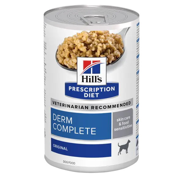 Hill's PRESCRIPTION DIET Derm Complete - лечебна мокра храна за кучета с хранителни алергии и алергии от околната среда, с ориз и яйца, консерва 370г.