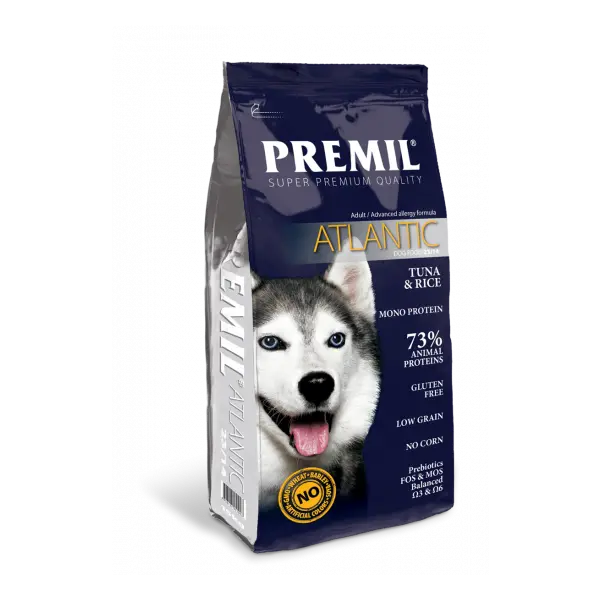 Premil Atlantic - пълноценна храна за кучета, склонни към алергии, с риба тон и ориз