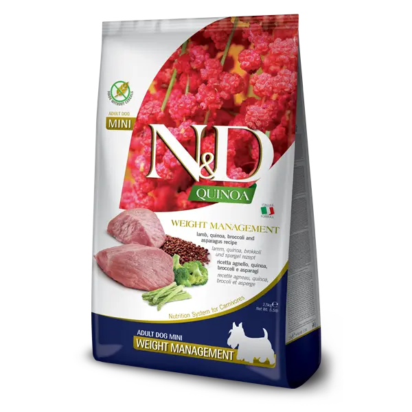 N&D Quinoa Weight Management Lamb MINI Dog - суха храна за кучета над 1г. от дребни породи с агнешко, киноа, броколи и аспержи. - 800гр.
