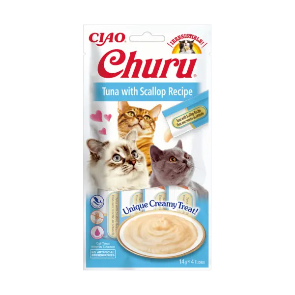 Inaba Churu Puree Tuna with Scallop Recipe - Лакомство за котки нежен крем с риба тон и миди 4 броя в пакет