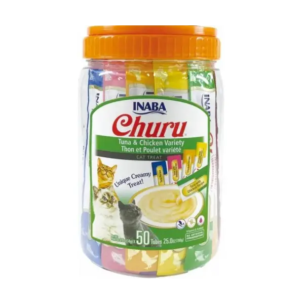 Inaba Churu Puree - Лакомство за котки нежен крем с микс всусове - риба тон, сьомга, пиле и сирене 50 броя в опаковка х 14 гр