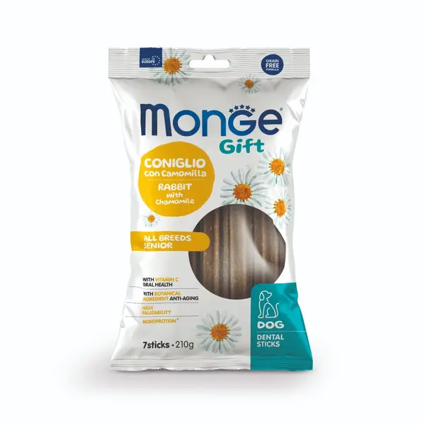 Monge Gift Dog Dental Sticks All Breeds Senior - Екструдирани дентални стикове за кучета в напреднала възраст, със заешко и лайка, монопротеинови.