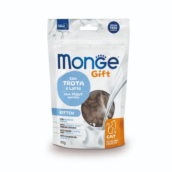 MONGE GIFT FILLED AND CRUNCHY KITTEN - лакомство за малки котенца с пъстърва и мляко, без зърнени култури