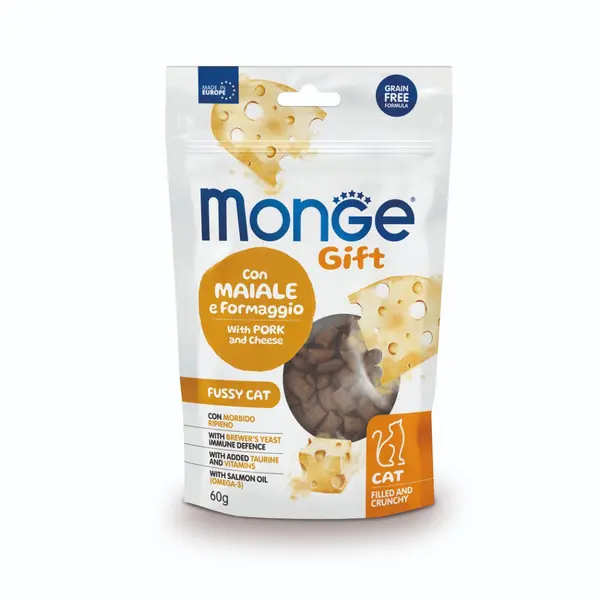 MONGE GIFT FILLED AND CRUNCHY FUSSY CAT - лакомство за капризни котки със свинско и сирене, без зърнени култури