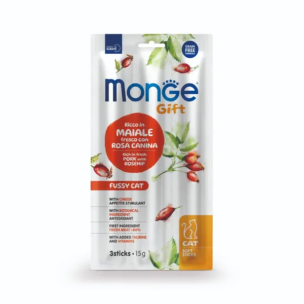 Monge Gift Soft Sticks Fussy Cat – лакомство за капризни котки – стикчета със свинско, шипка и сирене, без зърнени култури