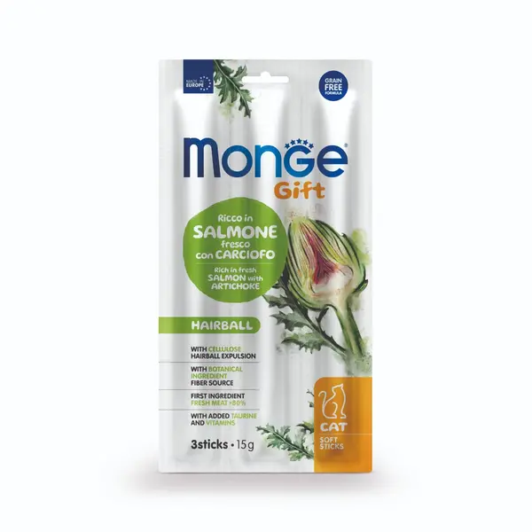Monge Gift Cat Soft Sticks Hairball – лакомство за котки против космени топки, стикчета със сьомга и артишок, без зърнени култури