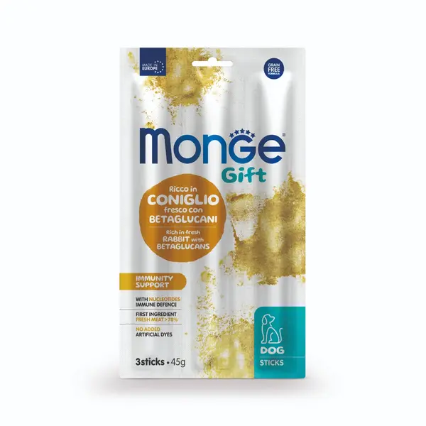 Monge Gift Immunity Support – лакомство за кучета – стикове със заешко и бетаглюкани за силен имунитет, без зърнени култури