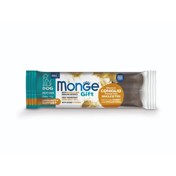 Monge Gift Meat Bars Immunity Support – лакомства за кучета - барчета със заешко, нуклеотиди и бетаглюкани за подсилване на имунитета.