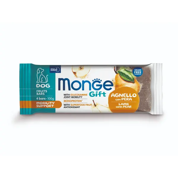 Monge Gift Fruit Bars Mobility Support – лакомство за куче - моно протеинови барчета с агнешко и круша за грижа за ставите, без зърнени култури