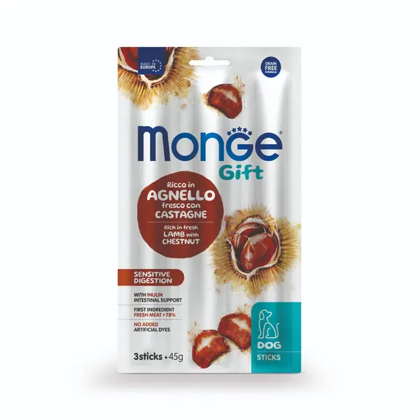 Monge Gift Sensitive Digestion - лакомство за кучета с чувствителна храносмилателна система – стикове с агнешко, кестени и инулин, без зърнени култури