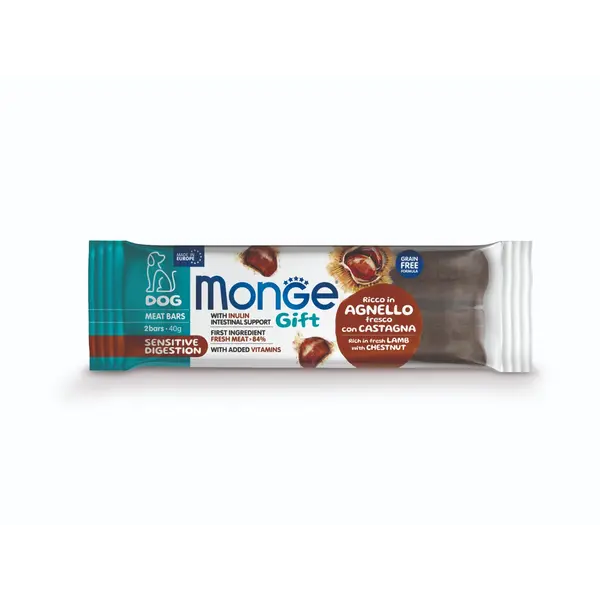 Monge Gift Meat Bars Sensitive Digestion – лакомства за кучета с чувствителна храносмилателна система – барчета с агнешко, кестени и инулин, без зърнени култури