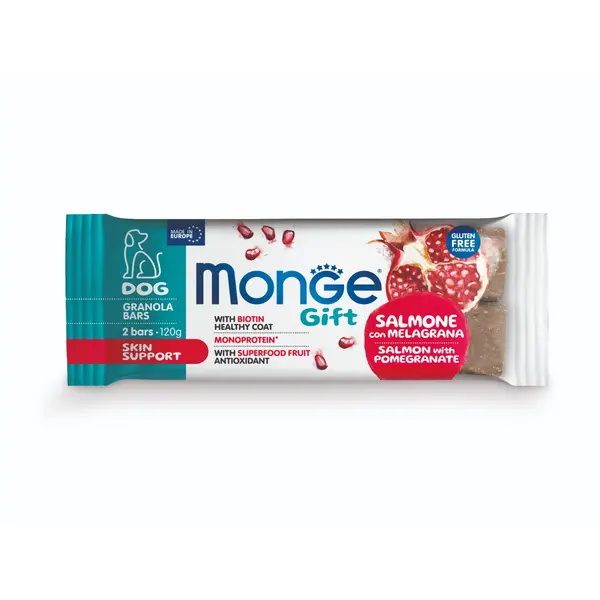 Monge Gift Granola Bars Skin Support – лакомства за кучета - монопротеинови барчета със сьомга и нар за здрави кожа и козина, безглутенови.