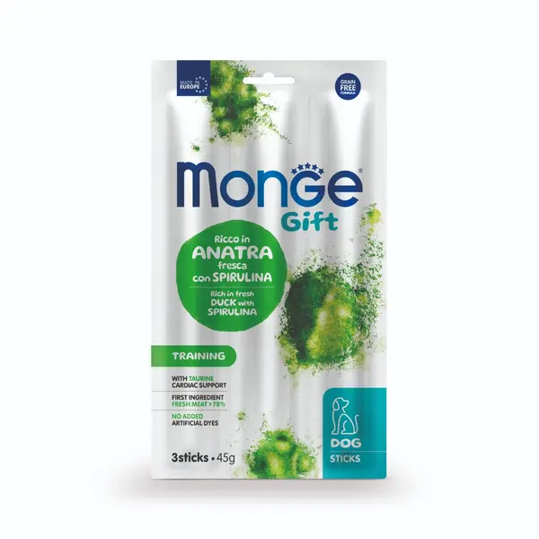 Monge Gift Training Dog Stick – лакомства за кучета - стикове с патешко и спирулина, за тренировки, без зърнени култури