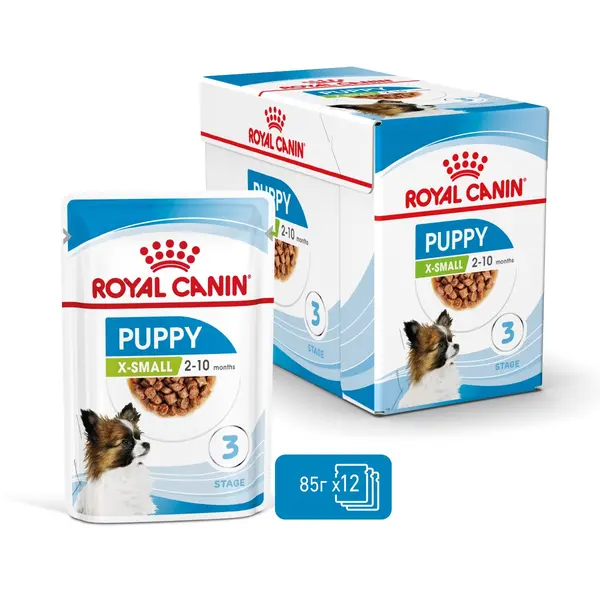 ROYAL CANIN® X-SMALL PUPPY Pouch - мокра храна в пауч за кучета – за подрастващи кучета от миниатюрни породи (тегло в зряла възраст до 4кг) – до 10 месеца - 0,85гр.
