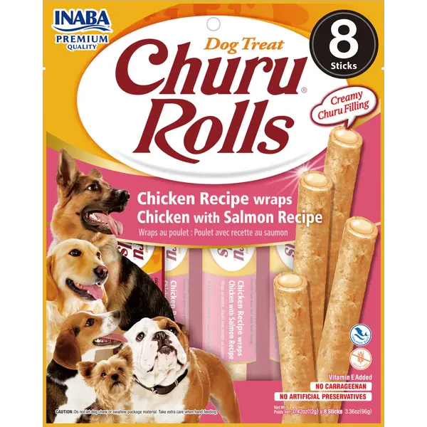 Inaba Churu Rolls Chicken & Salmon - Лакомства във формата на клечки с пилешко и сьомга 8 бр. в пакет