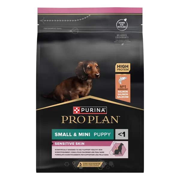 Pro Plan Dog Small & Mini PUPPY SENSITIVE SKIN - пълноценна храна за малки кученца от дребни породи с чувствителна кожа със сьомга - 3 кг