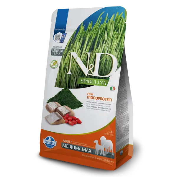 N&D SPIRULINA Herring & Wolfberry Adult Medium & Maxi dog 7кг – суха храна без зърнени култури за кучета от средни и едри породи над 1 година, с херинга, спирулина и годжи бери
