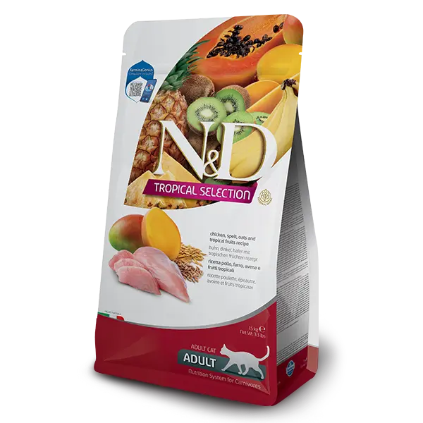 N&D CAT TROPICAL SELECTION CHICKEN - Суха храна за котки над 1 година, с пилешко, спелта, овес и тропически плодове - 300гр