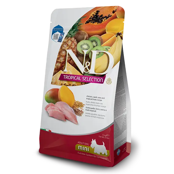 N&D DOG TROPICAL SELECTION CHICKEN ADULT MINI - Суха храна за кучета над 1 год. от дребните породи, с пилешко, спелта, овес и тропически плодове - 1.5кг