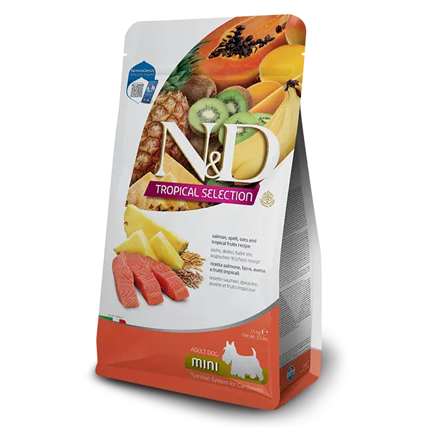 N&D DOG TROPICAL SELECTION SALMON ADULT MINI 1,5 kg - Суха храна за кучета над 1 година от дребните породи, със сьомга, спелта, овес и тропически плодове - 1.5кг