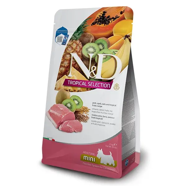 N&D DOG TROPICAL SELECTION PORK ADULT MINI - За кучета над 1 година от дребните породи, със свинско, спелта, овес и тропически плодове - 1.5кг