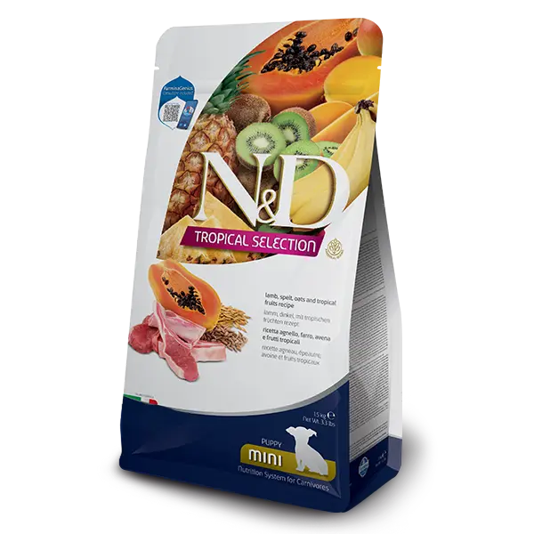 N&D DOG TROPICAL SELECTION LAMB PUPPY MINI - Суха храна за подрастващи кученца и бременни и кърмещи от дребните породи, с агнешко, спелта, овес и тропически плодове - 5кг