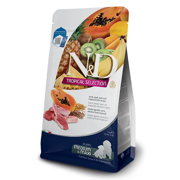 N&D DOG TROPICAL SELECTION LAMB PUPPY MED/MAX - Суха храна за подрастващи кученца и бременни и кърмещи от средните и едри породи, с агнешко, спелта, овес и тропически плодове - 10кг