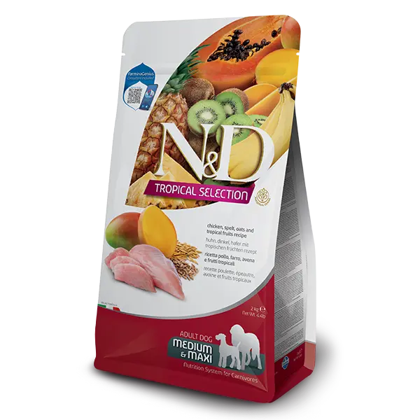 N&D DOG TROPICAL SELECTION CHICKEN ADULT MED/MAX - Суха храна за кучета над 1 година от средните и едри породи, с пилешко, спелта, овес и тропически плодове - 2кг